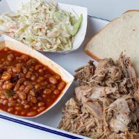 Pork Plate · 8oz of perfectly seasoned pit cooked whole hog. The Heart and soul of our BBQ. Served with c...
