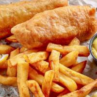 Fish N Chips (2 Pcs.) · Two pieces of fried battered fish and hot potato chips.
