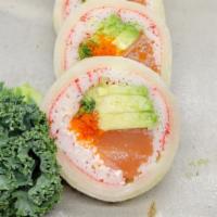 Naruto Maki · Crab, salmon, masago, cream cheese, scallions, and wrapped with cucumber skin.