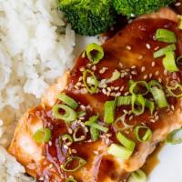 Salmon Teriyaki Dinner · Served with soup or salad, and rice.