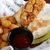 Buffalo Chicken Wrap · Blackened chicken breast tossed in buffalo sauce, blue cheese crumbles, bacon, lettuce and r...