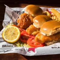 Fried Fish Minis · Three drake's beer-battered fish minis, each with lettuce, tomato and tangy tartar.