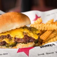 The All American · Two four ounce patties, American cheese, pickles, drake's special sauce.