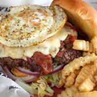 Morning Glory Burger · Pepper jack cheese, fried egg, bacon, fire-roasted salsa, fresh cut toppings.