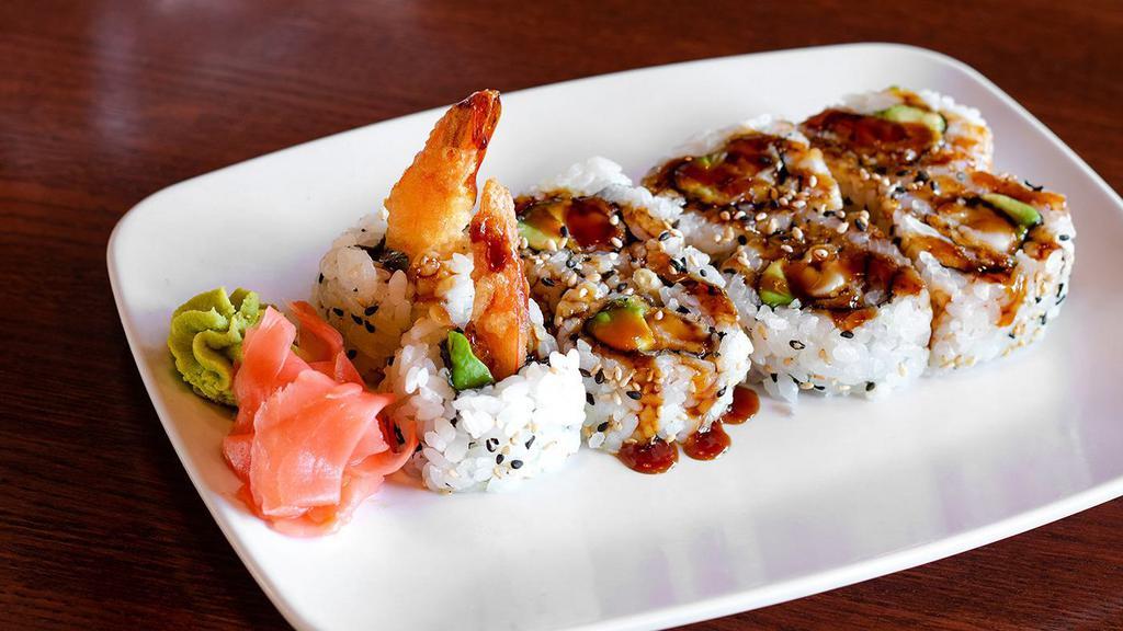  Tempura Shrimp Roll · Tempura shrimp, avocado, seaweed, sushi rice, sesame seeds; topped with sushi sauce.