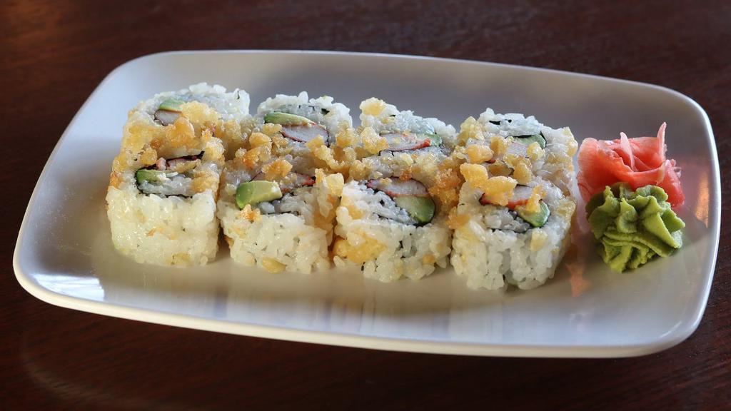 Crunchy Roll · Tempura crunch, avocado, seaweed, sushi rice; choice of tuna, salmon, shrimp, yellow tail or white tuna.