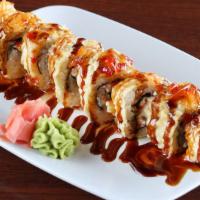 Crab Rangoon Roll · Crab and cream cheese blend, seaweed, tempura-fried; topped with sushi sauce and sweet chili...