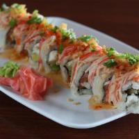 Mardi Party Roll · Smoked salmon, fried cream cheese, grilled jalapeño, avocado; topped with spicy crab, sweet ...