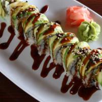 Dragon Roll · Cooked eel, cucumber, seaweed, sushi sauce; wrapped in avocado and sesame seeds.