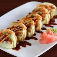 Midori Roll · Soy paper, tuna, salmon, avocado; topped with sushi sauce and spicy mayo. * *