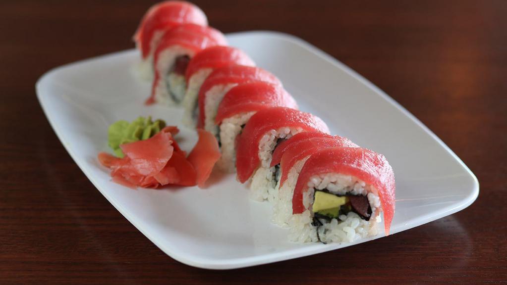 New York Roll · Gluten free. Tuna, avocado, seaweed; topped with tuna. * *