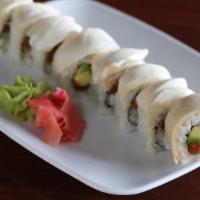 Tuna Lover'S Roll · Gluten free. Spicy tuna, avocado, seaweed; topped with seared white tuna. * *