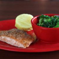 Seared Salmon · Atlantic salmon fillet perfectly seasoned and griddle-seared with choice of side.