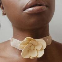 Flower Ribbon Choker · Baby Yellow Wood Flower softened and attached to a Delicate gold and Ivory sparkle ribbon to...