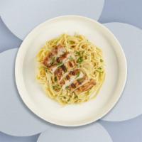All Around Cluckin' Alfredo Pasta · Grilled chicken breast tossed with fettuccine pasta and parmesan cream sauce. Served with ga...