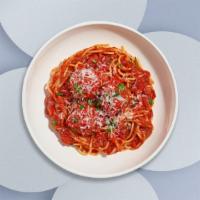 Spaghetti With A Chance Of Meatballs · Fresh spaghetti and homemade ground beef meatballs served with rossa (red) sauce, red pepper...