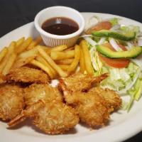 Coconut Shrimp · Large crispy coconut shrimp. Served with avocado salad and fries. Side of mango chili dippin...