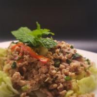 Larb Salad · Lime juice, fish sauce, chili paste bell pepper, onion, scallion, and cilantro of lettuce. S...