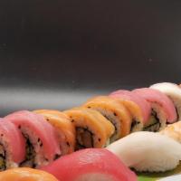 Lady Finger · Rainbow roll and 4 pieces of sushi.