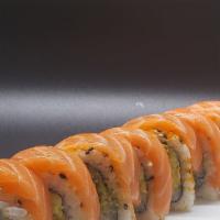 Orange Dragon Roll · Tempura shrimp, avocado, masago, salmon on top