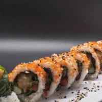 Mexican Roll · (I/O) tempura shrimps, lettuce, cucumber, red bell pepper, spicy mayo, masago.