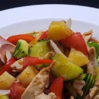 Sweet & Sour Sauce · Sauteed with tomatoes, cucumber, onions, scallions, bell pepper, pineapple.