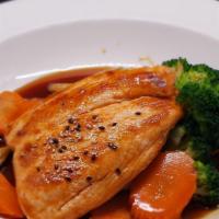 Salmon Teriyaki Skinless (8Oz) · Grilled salmon (8oz) skinless then top with teriyaki sauce. Served with steamed vegetables. ...