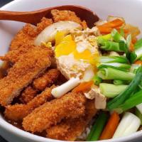 Katsu Don · Breaded fried pork or chicken over rice top with katsu sauce, egg, onion, scallion, carrot.