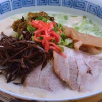 Tonkotsu Ramen · Ramen noodle in pork bone broth with chashu (pork), bamboo, takana, kikurage, red ginger.