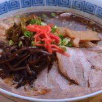 Tonkotsu Black · Ramen noodle in pork bone and soysauce broth with chashu (pork), bamboo, takana, kikurage, r...