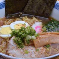 Shoyu Ramen · Ramen noodles served in soy sauce soup, with toppings such as sliced pork, dried seaweed, ba...