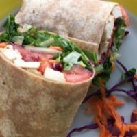 Chicken Wrap · Chicken, romaine, tomatoes, cucumbers, carrots, purple cabbage and vidalia dressing. Served ...