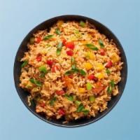 Hawkers Veggie Fried Rice · Long grain aromatic rice wok tossed  with vegetables and Indo-Chinese sauces