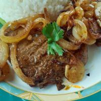 Steak With White Rice And One Side · Four sides to choose from (French fries, fried sweet plantains, lettuce and tomato salad wit...