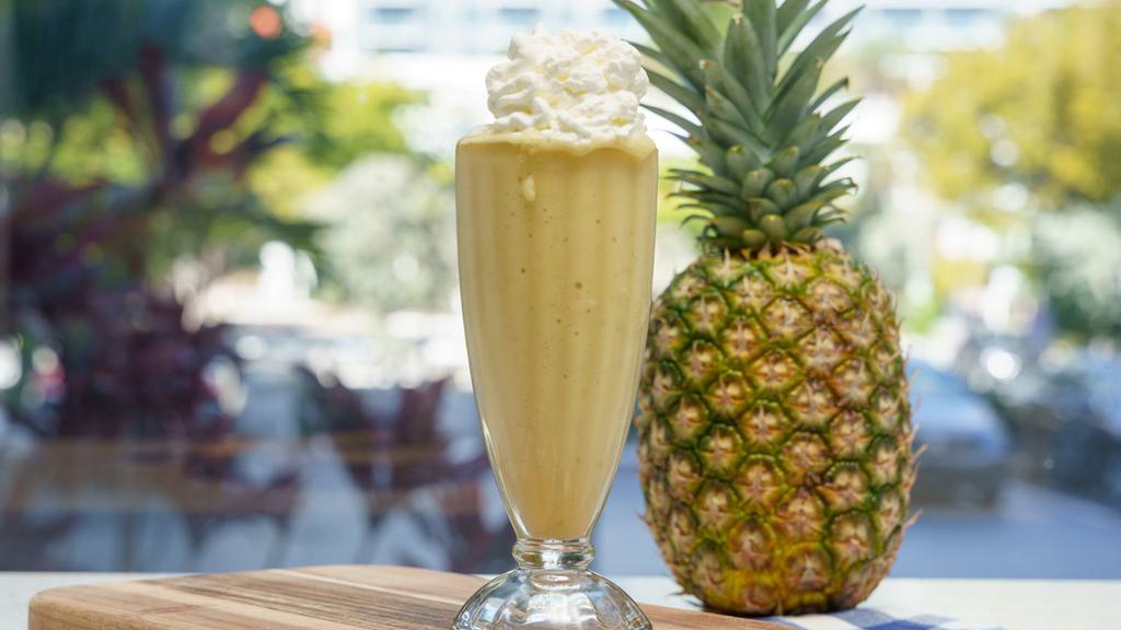 Sunny Monday · Pineapple, mango, banana, Greek yogurt, pineapple juice and ginger.