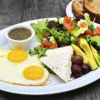 Power Breakfast · Two Eggs, Spring Mix Salad topped with Diced Tomatoes and Cucumbers; Feta Cheese, Black Oliv...