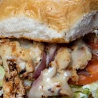 Hicks Philly Sandwich · Chopped and grilled chicken breast, sauteed with red onions, melted swiss cheese, mayo, fres...