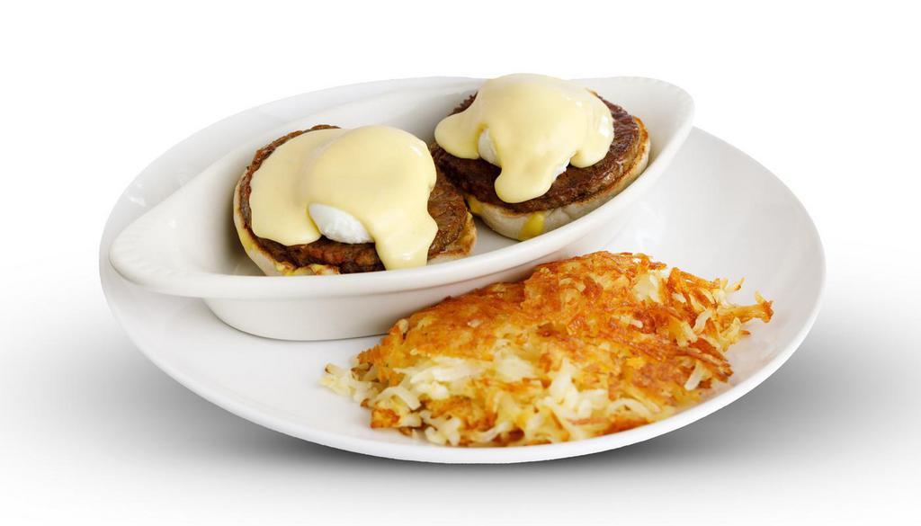 Impossible Bendict · A toasted English muffin topped with Impossible� sausage patties made from plants, 2 poached eggs and our house Hollandaise.