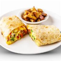 Breakfast Burrito · 2 eggs scrambled with sauteed peppers and onions, topped with cheddar cheese and wrapped in ...