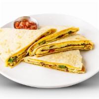 Quesadilla · 2 eggs scrambled with sauteed peppers and onions, topped with cheddar cheese and stuffed on ...
