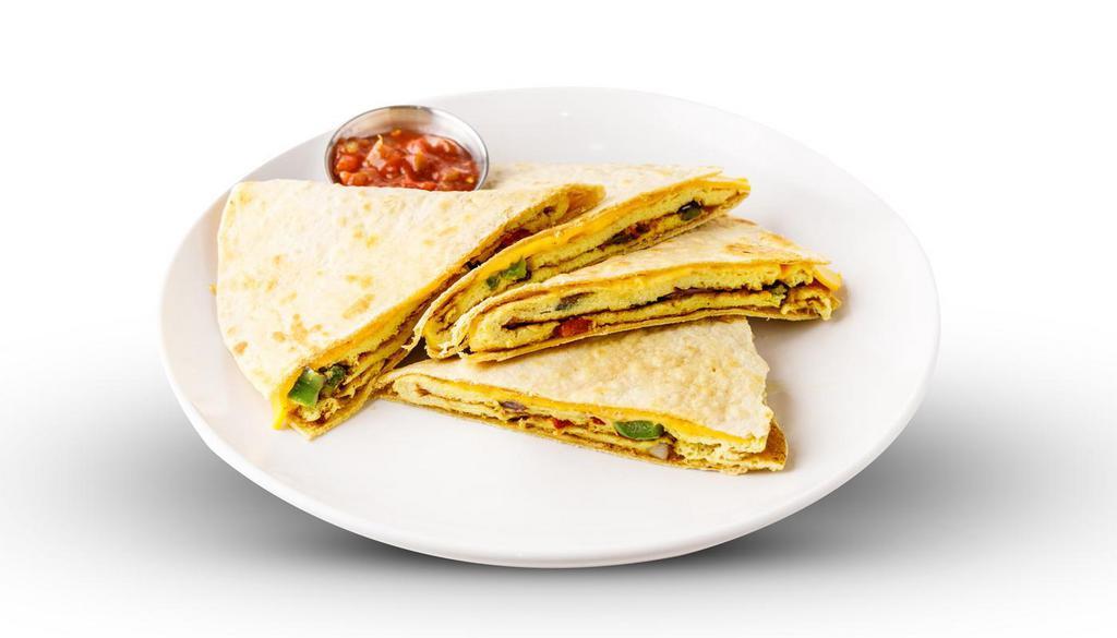 Quesadilla · 2 eggs scrambled with sauteed peppers and onions, topped with cheddar cheese and stuffed on a mild jalapeno tortilla. Served with salsa and sour cream.