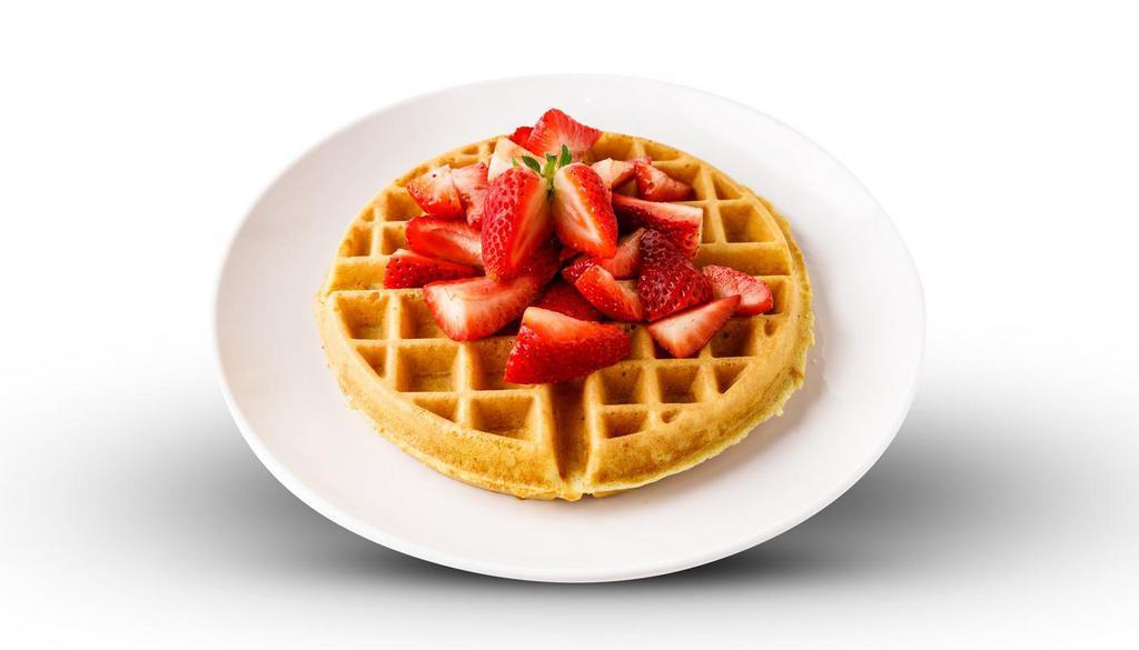 Strawberry Waffle · Belgian waffle topped with fresh strawberries,. whipped cream, and powdered sugar.. Served with warm strawberry syrup.