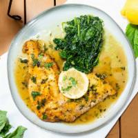 Chicken Francaise · Lemon, Butter, White Wine, Sauteed Spinach.