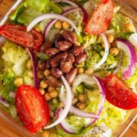 Pronto Italian Salad · Romaine, tomatoes, egg, chickpeas, olives, gorgonzola, red onion, roasted red peppers, itali...