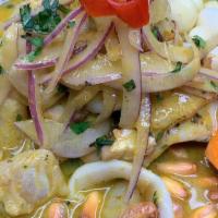 Ceviche Runas · Runas signature ceviche. Combination of fish and mixed seafood. With tigers milk, infused wi...