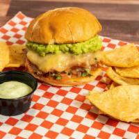 Mexican Burger · Beef and chorizo patty, cheese, veggies, guacamole, lettuce and sauces.