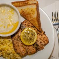 Fresh Salmon Breakfast · Served with grits, eggs, and toast.