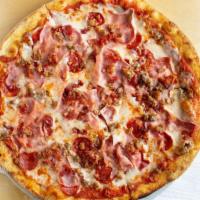 Meat Lovers · Tomato sauce, mozzarella, ham, sausage, spicy salami and bacon.