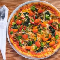 Ortomisto · Tomato sauce, mozzarella, spinach, zucchini, sweet peppers, mushrooms and roasted cherry tom...