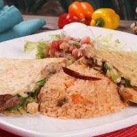 Quesadilla Fajita · A tortilla filled with meat, grilled onions, bell peppers, cheese and beans. Served with ric...